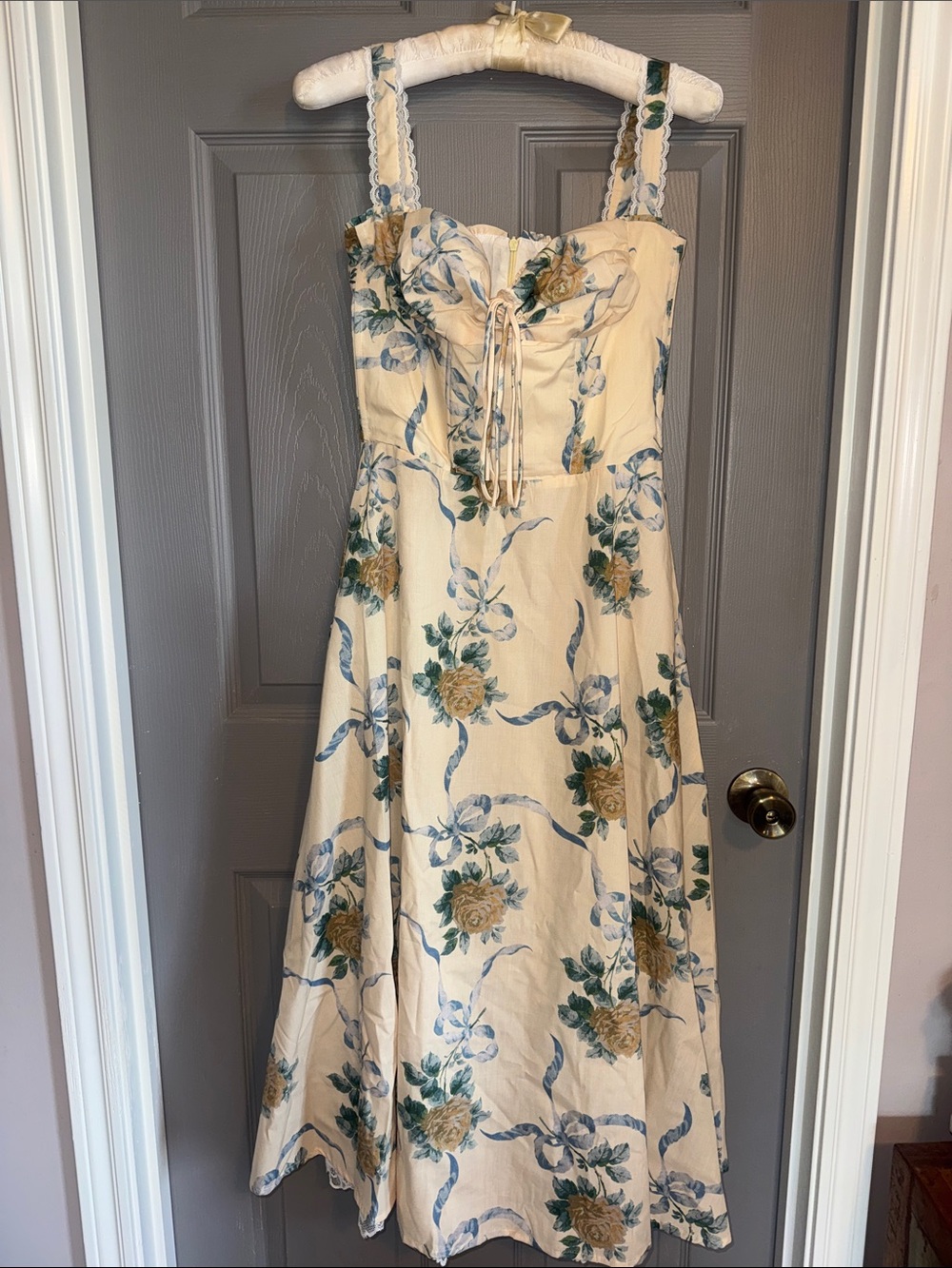 For Love & Lemons Cream Floral Midi Dress with Blue and Green Print - Medium
